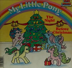 Size: 771x729 | Tagged: safe, artist:parrott graphics, buttons (g1), magic star, shady, wind whistler, earth pony, pegasus, pony, unicorn, g1, official, adorablestar, bell, bells, book, book cover, bow, christmas, christmas star, christmas tree, cover, cute, decorating, decoration, female, g1 buttonbetes, g1 shadybetes, holiday, horn, mare, ornament, ornaments, present, stars, tail, tail bow, the night before christmas, tree, whistlerbetes