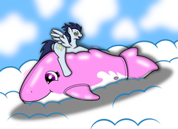 Size: 5256x3816 | Tagged: safe, artist:th3ph0b1ap0n3, soarin', blushing, butt, cloud, fetish, inflatable, inflatable fetish, plot, pool toy, riding, sfw version, spread wings, wingboner, wings