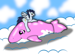 Size: 5256x3816 | Tagged: safe, artist:th3ph0b1ap0n3, soarin', pegasus, pony, g4, blushing, butt, cloud, fetish, inflatable, inflatable fetish, inflatable whale, light magenta inflatable whale, magenta inflatable whale, male, opaque inflatable, opaque pink inflatable whale, pink and white inflatable whale, pink inflatable whale, plot, pool toy, riding, sfw version, solo, spread wings, wingboner, wings