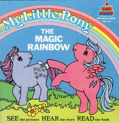Size: 495x512 | Tagged: safe, firefly, earth pony, pegasus, pony, g1, official, book, book cover, bow, cover, duo, duo female, female, flower, mare, rainbow, tail, tail bow, the magic rainbow