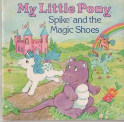 Size: 318x313 | Tagged: safe, artist:cathy beylon, firefly, majesty, spike (g1), dragon, earth pony, pegasus, pony, unicorn, g1, official, book, book cover, bow, castle, cover, female, flower, horn, male, mare, rainbow, spike and the magic shoes, tail, tail bow