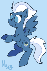 Size: 602x900 | Tagged: safe, artist:naggfruit, night glider, pegasus, pony, g4, blue background, cute, female, flying, glideabetes, mare, no pupils, simple background, solo, spread wings, wings