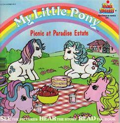 Size: 498x512 | Tagged: safe, buttons (g1), cupcake (g1), gingerbread, shady, earth pony, pony, unicorn, g1, official, apple, book, book cover, bow, cake, cover, drink, female, flower, food, glass, horn, mare, picnic, picnic at paradise estate, picnic blanket, tail, tail bow