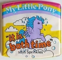Size: 203x197 | Tagged: safe, sprinkles (g1), pegasus, pony, g1, official, "it is bath time" says sprinkles, bath book, book, book cover, bow, cloud, cover, female, mare, rain, solo, tail, tail bow