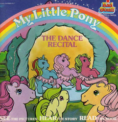 Size: 493x512 | Tagged: safe, cotton candy (g1), heart throb, posey, ribbon (g1), earth pony, pegasus, pony, unicorn, g1, official, book, book cover, clothes, cover, female, horn, mare, stage, the dance recital, tutu