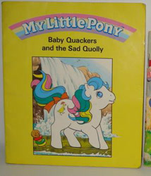 Size: 296x346 | Tagged: safe, baby quackers, earth pony, pony, g1, official, baby quackers and the sad quolly, book, book cover, bow, cover, female, filly, foal, solo, tail, tail bow, water, waterfall