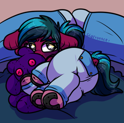 Size: 1833x1809 | Tagged: safe, alternate version, artist:sexygoatgod, oc, oc only, oc:kibble baggie, cusige, hybrid, original species, pony, butt, butt flap, clothes, foal, horseshoes, intersex, pajamas, plot, plushie, pouting, rear view, solo, underhoof