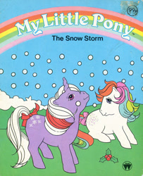 Size: 672x828 | Tagged: safe, earth pony, pony, unicorn, g1, official, book, book cover, bow, cover, duo, duo female, female, holly, horn, snow, snowfall, tail, tail bow, the snow storm