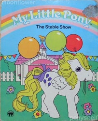 Size: 400x493 | Tagged: safe, surprise, pegasus, pony, g1, official, balloon, book, book cover, bow, cover, female, flower, mare, solo, stable, tail, tail bow, the stable show