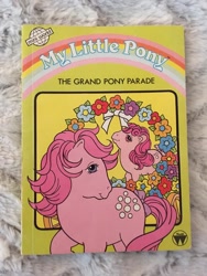 Size: 810x1080 | Tagged: safe, baby cotton candy, cotton candy (g1), earth pony, pony, g1, official, book, book cover, bow, cover, duo, duo female, female, filly, flower, foal, mare, tail, tail bow, the grand pony parade