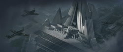 Size: 2048x868 | Tagged: safe, artist:mrscroup, changeling, equestria at war mod, brutalist architecture, military, parade, plane
