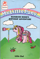Size: 356x516 | Tagged: safe, streaky, pony, unicorn, g1, official, book, book cover, bow, cover, female, flower, horn, mare, rainbow curl pony, rainbow rider's birthday adventure, solo, tail, tail bow, telescope