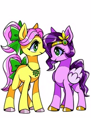 Size: 1200x1600 | Tagged: safe, artist:stacy_165cut, pipp petals, posey bloom, earth pony, pegasus, pony, g5, bow, colored, colored hooves, colored wings, countershading, duo, duo female, eyelashes, facing each other, female, folded wings, gold hooves, green bow, green eyes, hair bow, headpiece, height difference, hooves, jewelry, looking at each other, looking at someone, mare, missing cutie mark, necklace, pink coat, pink mane, pink tail, pink wings, ponytail, profile, purple hooves, purple mane, purple tail, shiny eyes, shiny hooves, shiny mane, shiny tail, short mane, simple background, smiling, smiling at each other, standing, tail, tail bow, tied mane, wavy mane, wavy tail, white background, wingding eyes, wings, yellow coat, yellow hooves