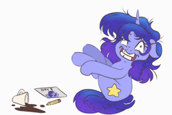 Size: 560x376 | Tagged: safe, artist:nedemai, oc, oc only, pony, unicorn, animated, atg 2024, coffee, coffee mug, crazy grin, eye twitch, female, floppy ears, grin, horn, loop, mare, mug, newbie artist training grounds, pencil, rocking, simple background, smiling, solo, white background