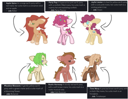 Size: 1280x990 | Tagged: safe, artist:cementchip, oc, oc only, oc:apple spice, oc:joyful jester, oc:meadow blossom, oc:party pop, oc:rustic harmony, oc:time warp, earth pony, pony, base used, blaze (coat marking), clown makeup, coat markings, confetti, confetti in mane, facial markings, freckles, hair over eyes, offspring, pale belly, parent:applejack, parent:big macintosh, parent:caramel, parent:cheese sandwich, parent:derpy hooves, parent:doctor whooves, parent:fluttershy, parent:pinkie pie, parents:carajack, parents:cheesepie, parents:doctorderpy, parents:fluttermac, simple background, socks (coat markings), text, white background