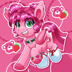 Size: 4000x4000 | Tagged: safe, artist:partypievt, oc, bat pony, pony, bat pony oc, care bears, cat eyes, choker, clothes, fangs, food, hooves, looking at you, ponified, ribbon, slit pupils, smiling, smiling at you, socks, solo, strawberry, streamer, thigh highs