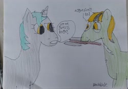 Size: 3333x2332 | Tagged: safe, artist:blackblade360, oc, oc only, oc:grassy shot, oc:heartbeat, earth pony, pony, unicorn, fallout equestria, atg 2024, axe, colored pencil drawing, cyan mane, drugs, earth pony oc, female, gray coat, green coat, horn, implied drug use, insanity, irl, male, mare, mare oc, newbie artist training grounds, oc duo, paper, photo, question, rage, signature, stallion, stallion oc, talking, traditional art, two toned mane, unicorn oc, weapon, yellow eyes