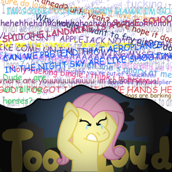 Size: 2000x2000 | Tagged: safe, artist:zoeyhorse, fluttershy, pegasus, pony, g4, airplanes (song), barbie, barbie (film), crying, eyes closed, female, frown, holding head, mare, mind reading, solo, the incredibles, thought bubble