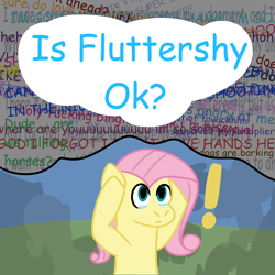 Size: 2000x2000 | Tagged: safe, artist:zoeyhorse, fluttershy, pegasus, pony, bust, crying, exclamation point, female, holding head, implied rainbow dash, mare, mind reading, solo, thought bubble