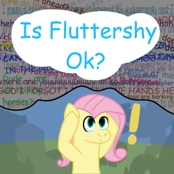 Size: 2000x2000 | Tagged: safe, artist:zoeyhorse, fluttershy, pegasus, pony, g4, bust, crying, exclamation point, female, holding head, implied rainbow dash, mare, mind reading, solo, thought bubble