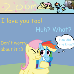 Size: 2000x2000 | Tagged: safe, artist:zoeyhorse, fluttershy, rainbow dash, dog, pegasus, pony, dialogue, duo, duo female, eyes closed, female, hug, lesbian, mare, mind reading, ship:flutterdash, shipping, tackle hug, thought bubble