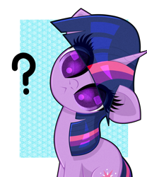Size: 1500x1800 | Tagged: safe, artist:scandianon, twilight sparkle, pony, unicorn, g4, :<, colored pupils, confused, cute, ear fluff, eye clipping through hair, female, floppy ears, head tilt, horn, looking at you, mare, question mark, sitting, solo, twiabetes, unicorn twilight