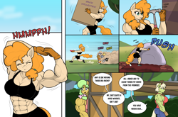 Size: 3444x2277 | Tagged: safe, artist:matchstickman, goldie delicious, granny smith, pear butter, big cat, cat, earth pony, tiger, anthro, plantigrade anthro, comic:the other side, g4, abs, armpits, back muscles, biceps, box, breasts, busty goldie delicious, busty granny smith, busty pear butter, calves, cat food, clothes, comic, cub, deltoids, dialogue, female, gloves, granny smash, hammer, high res, mare, matchstickman's pear buffer series, muscles, muscular female, nails, pear buffer, pecs, running, shoes, speech bubble, stretching, sweat, teenager, thighs, thunder thighs, triceps, trio, young goldie delicious, young granny smith, younger