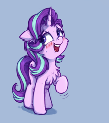 Size: 474x533 | Tagged: safe, artist:zeepheru_pone, starlight glimmer, pony, unicorn, g4, blushing, chest fluff, cute, female, glimmerbetes, horn, mare, open mouth, open smile, raised hoof, simple background, smiling, solo, tail