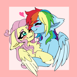 Size: 2048x2048 | Tagged: safe, artist:kittygutzzart, fluttershy, rainbow dash, pegasus, pony, g4, blush lines, blushing, bust, chest fluff, colored wings, cuddling, duo, duo female, ear fluff, eyebrows, eyebrows visible through hair, eyes closed, female, floppy ears, heart, high res, hoof fluff, hug, human shoulders, lesbian, mare, passepartout, pink background, ship:flutterdash, shipping, two toned wings, unshorn fetlocks, wings