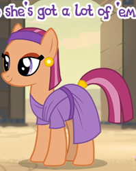 Size: 526x662 | Tagged: safe, gameloft, aroma hathor, earth pony, pony, g4, my little pony: magic princess, background pony, clothes, cropped, dress, ear piercing, earring, english, female, jewelry, mare, meme, piercing, solo, text, wow! glimmer