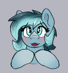 Size: 733x788 | Tagged: safe, artist:reddthebat, oc, oc only, oc:alaska (reddthebat), pegasus, pony, blushing, bust, female, fingers together, gray background, mare, open mouth, open smile, simple background, smiling, solo