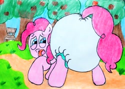 Size: 3221x2291 | Tagged: safe, artist:bitter sweetness, pinkie pie, earth pony, g4, abdl, adult foal, blue eyes, blue sky, diaper, diaper butt, diaper fetish, dirt road, fetish, forest, grass, looking at you, nature, non-baby in diaper, open mouth, park, poofy diaper, traditional art, tree