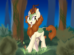 Size: 2700x2000 | Tagged: safe, artist:psychotix, autumn blaze, kirin, g4, autumn blaze's puppet, bush, cloven hooves, female, forest background, happy, hock fluff, looking at you, mare, open mouth, smiling, solo, stick, tree, vine, walking