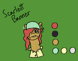 Size: 921x721 | Tagged: safe, artist:nukepony360, oc, oc only, oc:scarlett banner, earth pony, bandana, bust, clothes, ear piercing, earring, female, green background, jewelry, mare, piercing, pirate, portrait, shirt, simple background, solo, torn ear