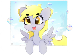 Size: 4000x3000 | Tagged: safe, artist:zokkili, derpy hooves, pegasus, pony, g4, beanbrows, bubble, canterlot, cute, derp, derpabetes, eye clipping through hair, eyebrows, eyebrows visible through hair, female, high res, looking at you, mare, open mouth, open smile, signature, simple background, smiling, smiling at you, solo, spread wings, transparent background, wings