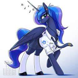 Size: 1280x1280 | Tagged: safe, artist:theuser, derpibooru exclusive, princess luna, alicorn, pony, clothes, earbuds, gradient background, hoof shoes, horn, large wings, music notes, necktie, school uniform, shirt, skirt, socks, solo, tall, wings