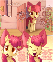 Size: 2480x2893 | Tagged: safe, artist:candy meow, apple bloom, earth pony, pony, g4, ^^, adorabloom, apple, apple bloom's bow, apple tree, ask, bow, cheek fluff, chest fluff, clubhouse, comic, confused, crusaders clubhouse, cute, ear fluff, eyes closed, female, filly, foal, food, hair bow, happy, hock fluff, implied scootaloo, implied sweetie belle, mlp art ask (ru), smiling, solo, speech bubble, text, translation, tree
