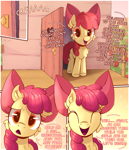 Size: 2480x2893 | Tagged: safe, artist:candy meow, apple bloom, earth pony, pony, g4, ^^, apple, apple bloom's bow, apple tree, ask, bow, cheek fluff, chest fluff, clubhouse, comic, confused, crusaders clubhouse, ear fluff, eyes closed, female, filly, foal, food, hair bow, happy, hock fluff, implied scootaloo, implied sweetie belle, mlp art ask (ru), smiling, solo, speech bubble, text, translation, tree