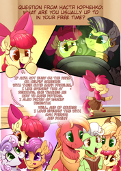 Size: 2480x3493 | Tagged: safe, artist:candy meow, apple bloom, applejack, big macintosh, granny smith, scootaloo, sweetie belle, zecora, earth pony, pegasus, pony, unicorn, zebra, g4, :o, :p, apple bloom's bow, applejack's hat, ask, big macintosh's yoke, book, bow, breaking the fourth wall, clothes, cowboy hat, cyrillic, dancing, dress, ear piercing, earring, female, filly, foal, granny smith's shawl, hair bow, hat, horn, horse collar, jewelry, looking at each other, looking at someone, looking down, male, mare, mlp art ask (ru), open mouth, piercing, pony pile, pot, reading, relaxed, russian, scarf, scroll, shoes, smiling, speech bubble, stallion, text, tongue out, tower of pony