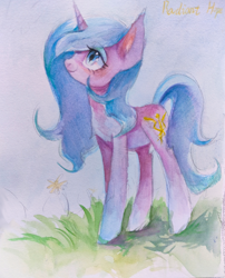 Size: 2764x3427 | Tagged: safe, artist:unclechai, idw, radiant hope, crystal pony, unicorn, g4, blue eyes, blue eyeshadow, blue mane, eyeshadow, female, horn, looking at something, makeup, solo, standing, traditional art, watercolor painting