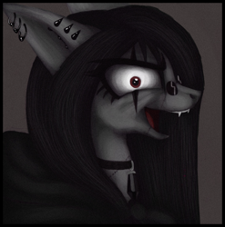 Size: 2479x2506 | Tagged: safe, artist:grinu, oc, oc only, pony, 2013, black hair, bust, emo, goth, gray background, gray coat, open mouth, open smile, simple background, smiling, solo