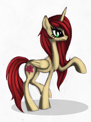 Size: 1004x1344 | Tagged: safe, artist:grinu, oc, oc only, alicorn, pony, 2013, alicorn oc, female, horn, mare, raised hoof, red mane, solo, tan coat, wings