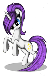 Size: 863x1297 | Tagged: safe, artist:grinu, oc, oc only, pony, unicorn, 2013, blue eyes, female, horn, mare, purple mane, purple tail, rearing, simple background, solo, tail, transparent background, unicorn oc, white coat