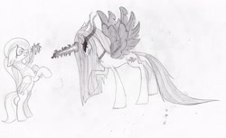 Size: 2971x1819 | Tagged: safe, artist:grinu, oc, oc only, alicorn, pony, 2013, alicorn oc, duo, female, horn, magic, mare, not fluttershy, pencil drawing, traditional art, wings