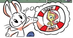 Size: 963x501 | Tagged: safe, idw, official comic, angel bunny, fluttershy, pegasus, pony, rabbit, g4, spoiler:comic, spoiler:comic54, animal, life preserver, smiling