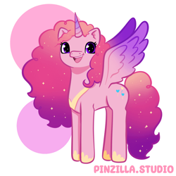 Size: 640x640 | Tagged: safe, artist:pinzillastudio, oc, oc only, alicorn, pony, g4, alicorn oc, colored wings, female, fusion, fusion:cadancepie, fusion:pinkie pie, fusion:princess cadance, gauntlet, gradient horn, gradient mane, gradient wings, horn, jewelry, open mouth, open smile, regalia, simple background, smiling, solo, sparkling mane, spread wings, white background, wings