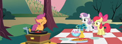 Size: 2988x1080 | Tagged: safe, composite screencap, edit, edited screencap, screencap, apple bloom, scootaloo, sweetie belle, earth pony, pegasus, pony, unicorn, g4, hearts and hooves day (episode), cutie mark crusaders, flower, food, horn, picnic blanket, record player