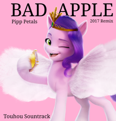 Size: 1194x1242 | Tagged: safe, artist:edy_january, editor:edy_january, pipp petals, pegasus, pony, g5, my little pony: a new generation, album, album cover, album parody, bad apple (song), handphone, music, phone, pink background, simple background, solo, song, touhou, wings, youtube, youtube link