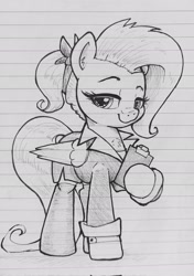 Size: 1441x2048 | Tagged: safe, artist:whiskeypanda, fluttershy, pegasus, pony, g4, alternate hairstyle, business suit, businessmare, clipboard, clothes, eyebrows, ink drawing, lined paper, looking at you, raised eyebrow, skirt, socks, traditional art