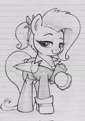 Size: 1441x2048 | Tagged: safe, artist:whiskeypanda, fluttershy, pegasus, pony, alternate hairstyle, business suit, businessmare, clipboard, clothes, eyebrows, ink drawing, lined paper, looking at you, raised eyebrow, skirt, socks, traditional art